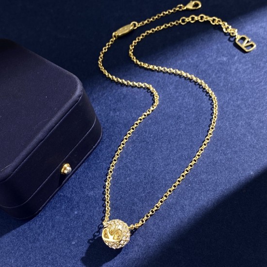 Valentino Full Diamond V-Shaped Hollow round Ball Necklace