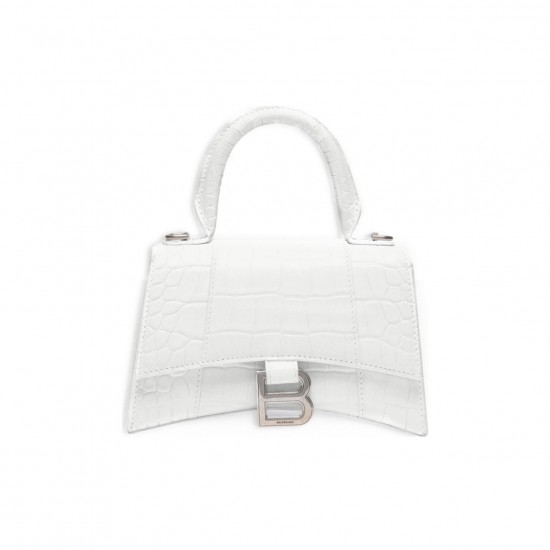 BALENCIAGA WOMEN'S HOURGLASS XS HANDBAG CROCODILE EMBOSSED IN WHITE