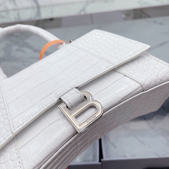 BALENCIAGA WOMEN'S HOURGLASS XS HANDBAG CROCODILE EMBOSSED IN WHITE