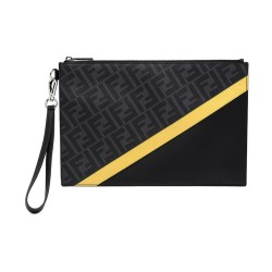 FENDI DIAGONAL FLAT POUCH BLACK AND GRAY FF JACQUARD FABRIC BAG