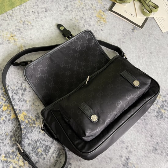 GUCCI GG LOGO BLACK NYLON FLAP MESSENGER BAG