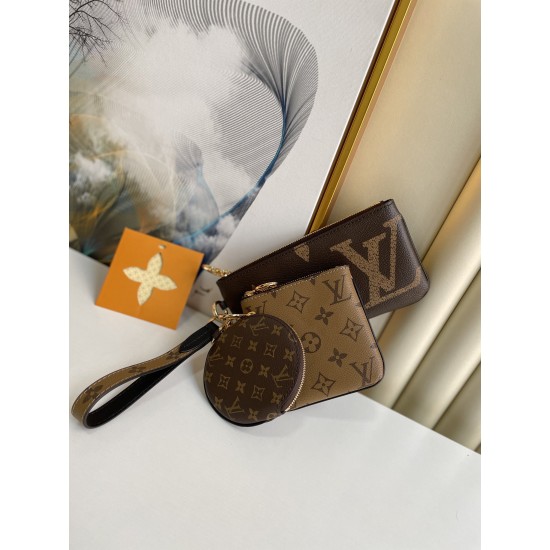 LV POCHETTE TRIO POUCH PURSE REVERSE GIANT MONOGRAM BROWN