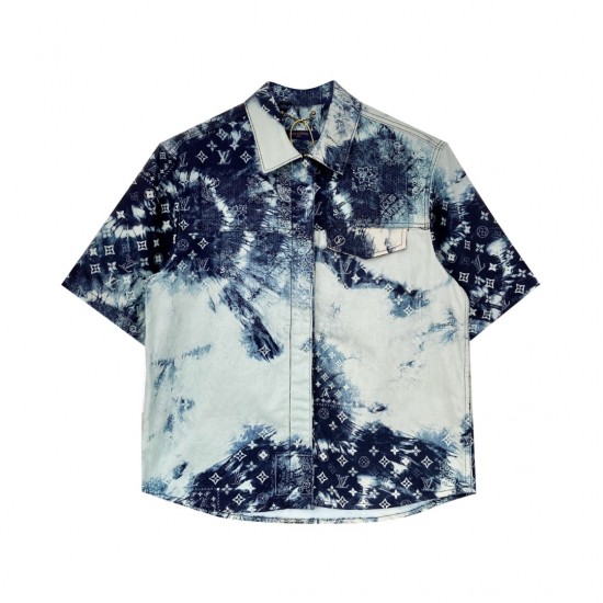 LV all over print short sleeve denim shirt