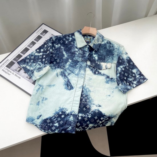 LV all over print short sleeve denim shirt