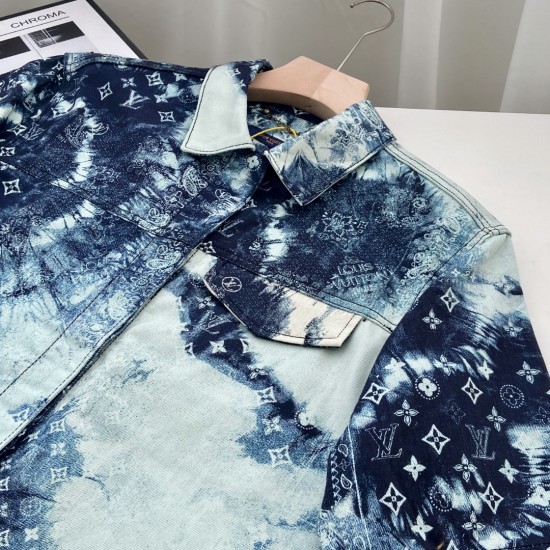 LV all over print short sleeve denim shirt